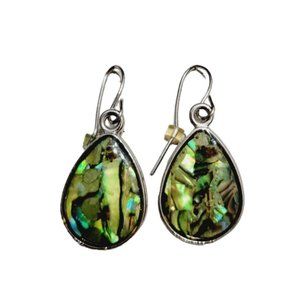 Silver Toned Abalone tear drop shaped earrings green blue Teal